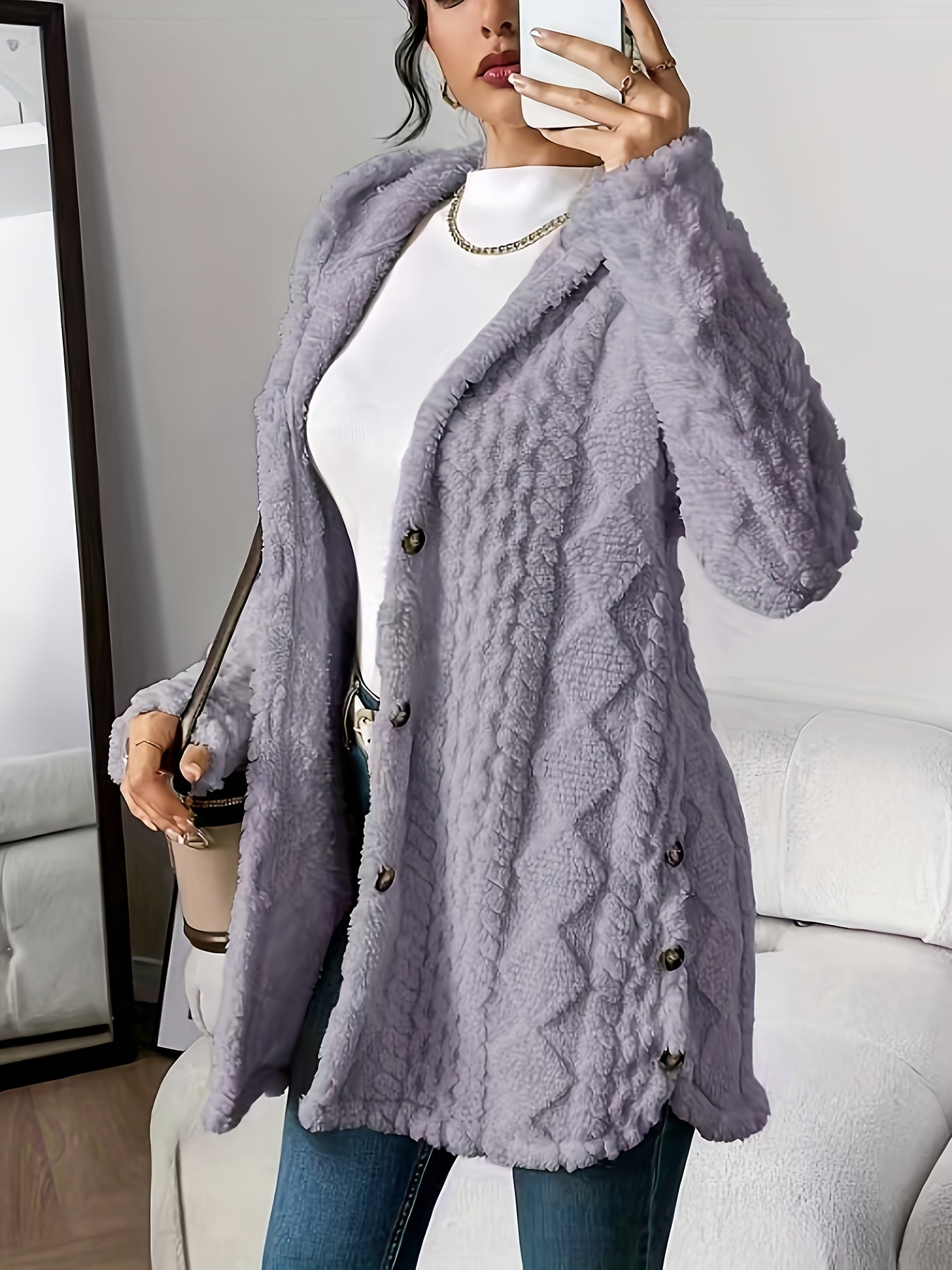Elegant Diamond-Patterned Hooded Cardigan