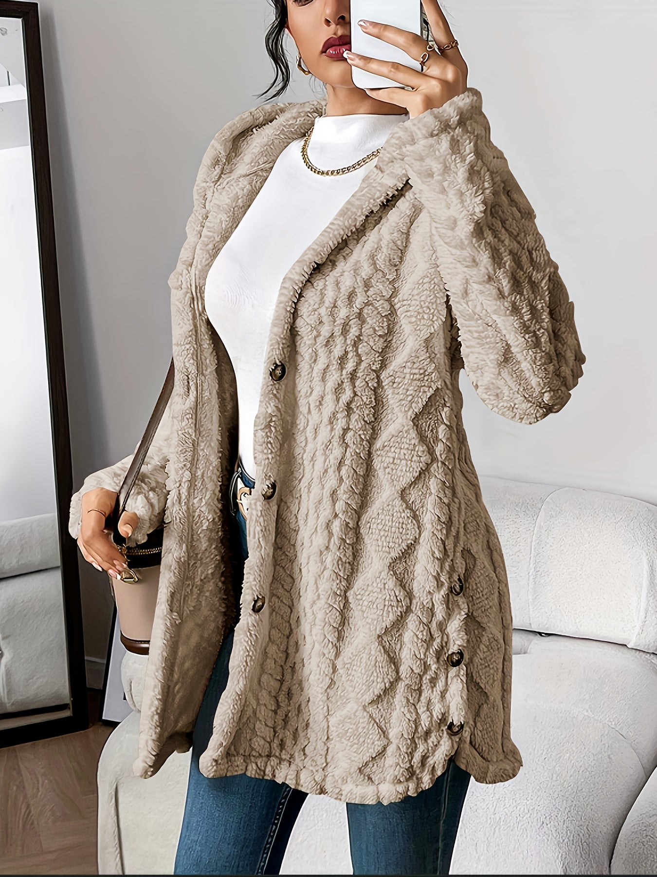 Elegant Diamond-Patterned Hooded Cardigan
