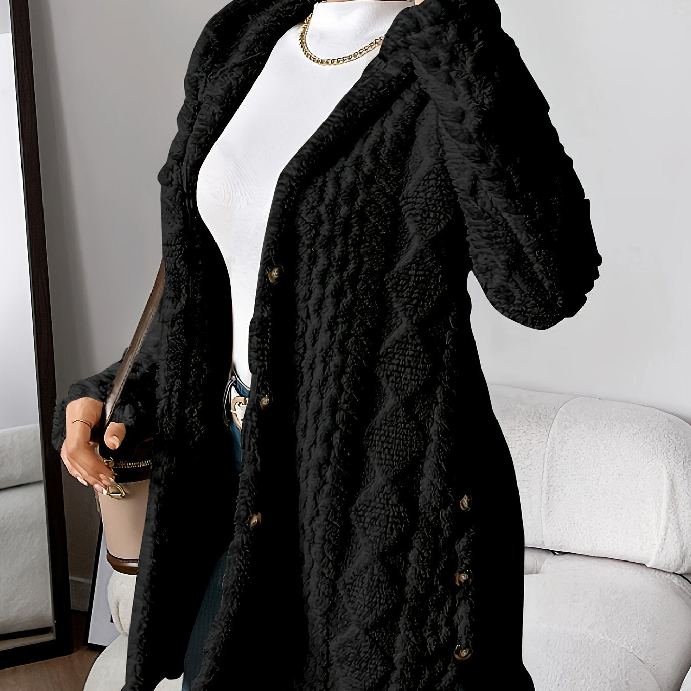 Elegant Diamond-Patterned Hooded Cardigan