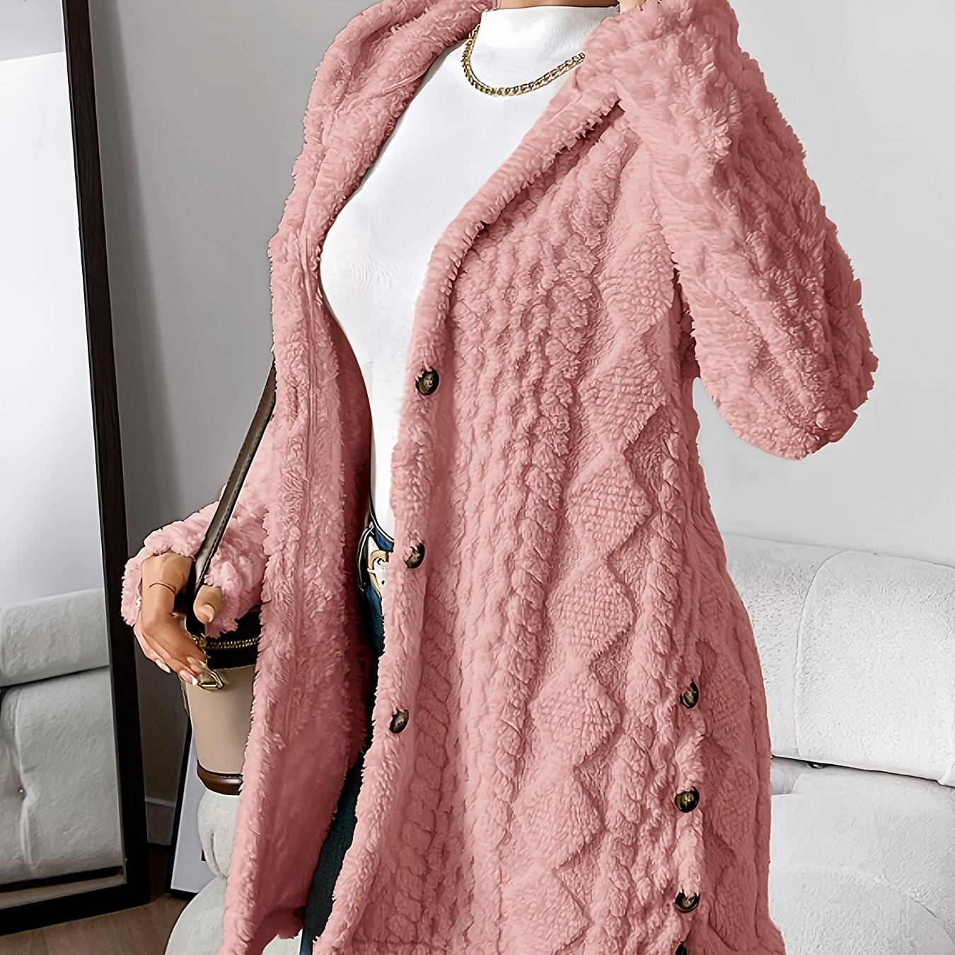 Elegant Diamond-Patterned Hooded Cardigan