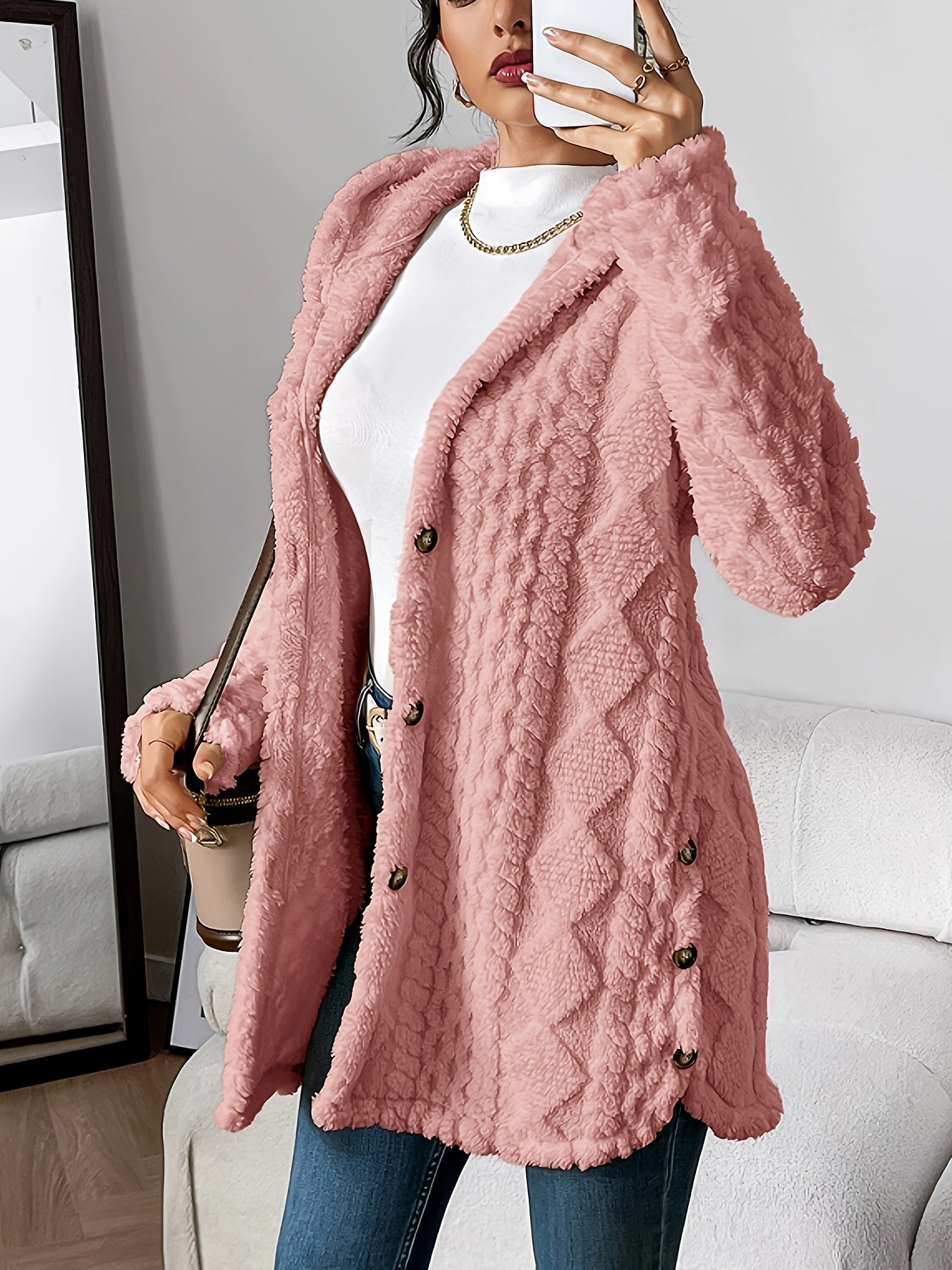 Elegant Diamond-Patterned Hooded Cardigan