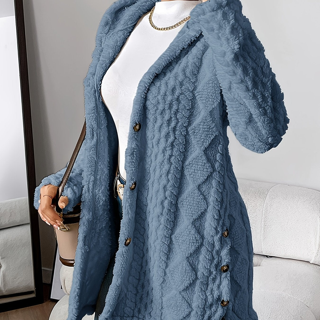 Elegant Diamond-Patterned Hooded Cardigan