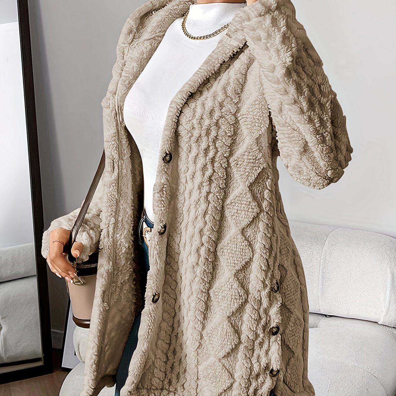 Elegant Diamond-Patterned Hooded Cardigan