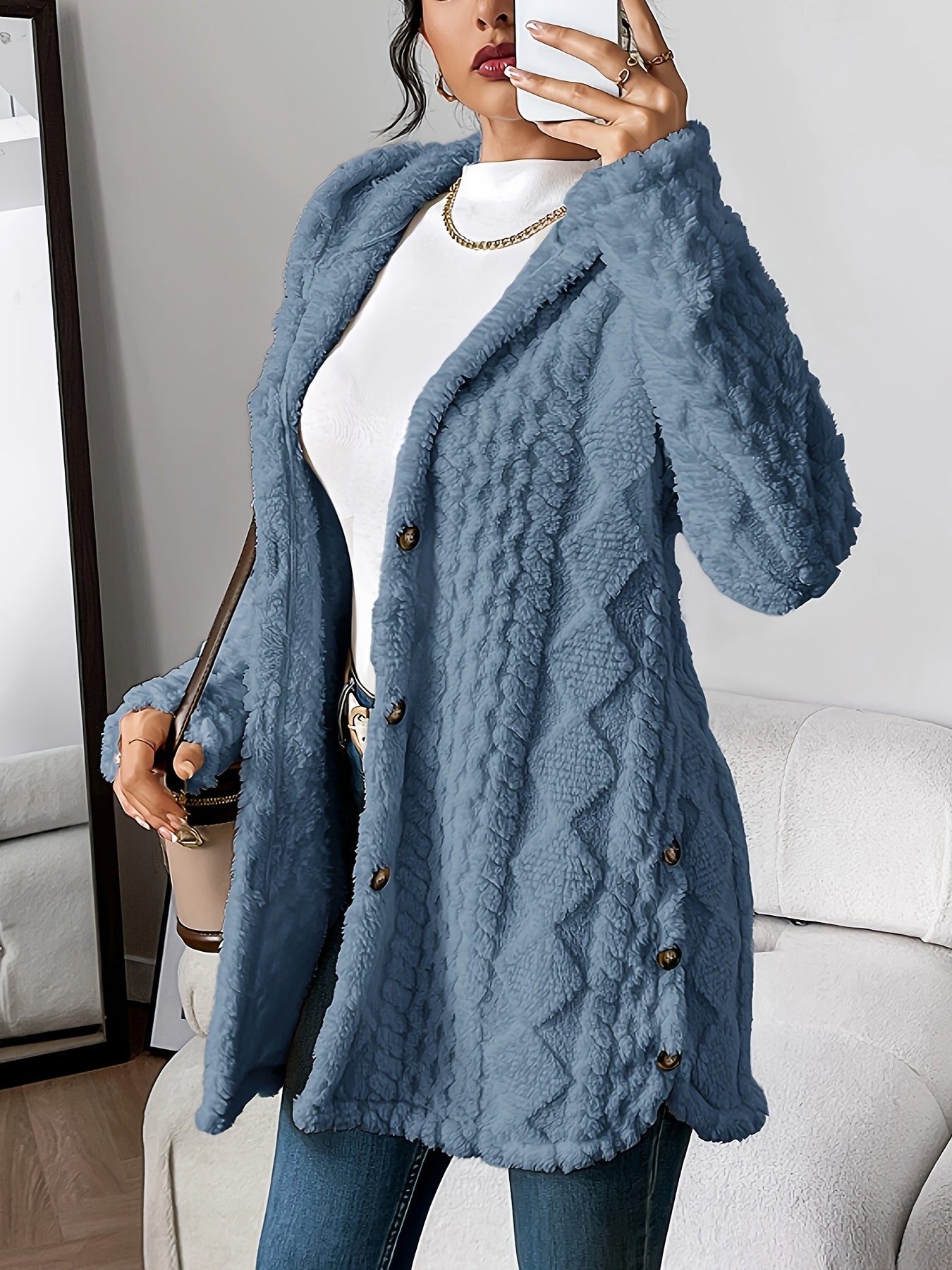 Elegant Diamond-Patterned Hooded Cardigan