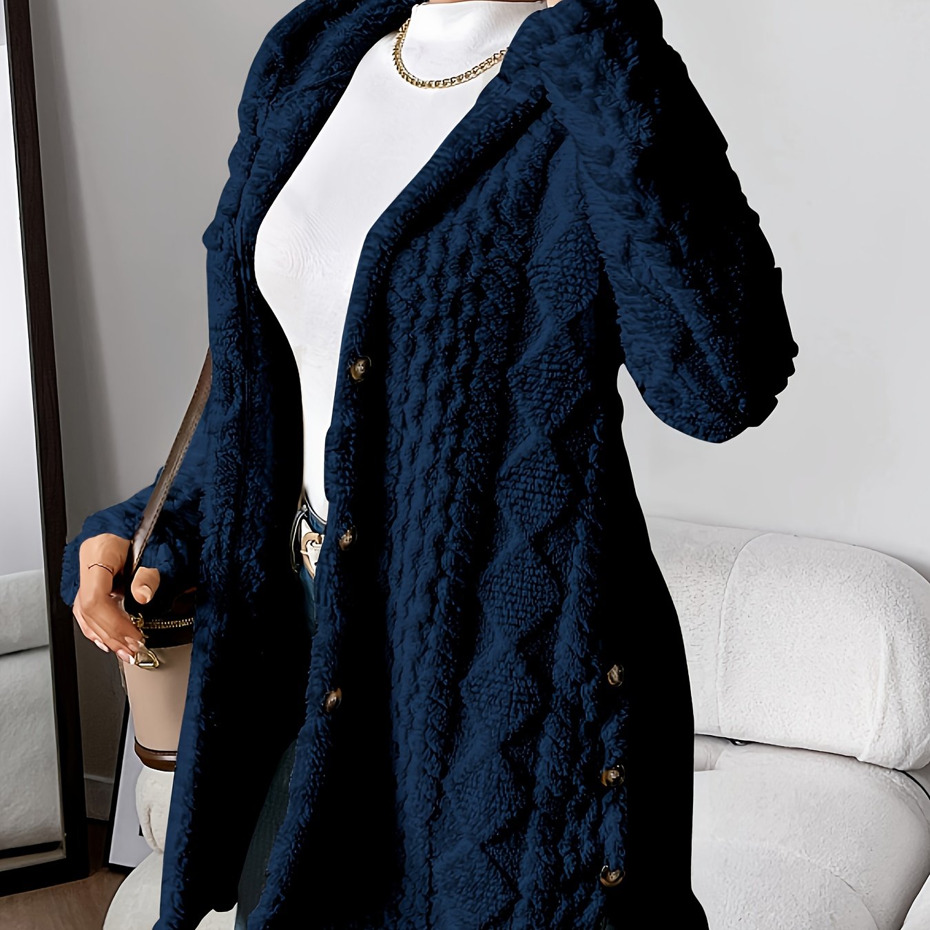 Elegant Diamond-Patterned Hooded Cardigan