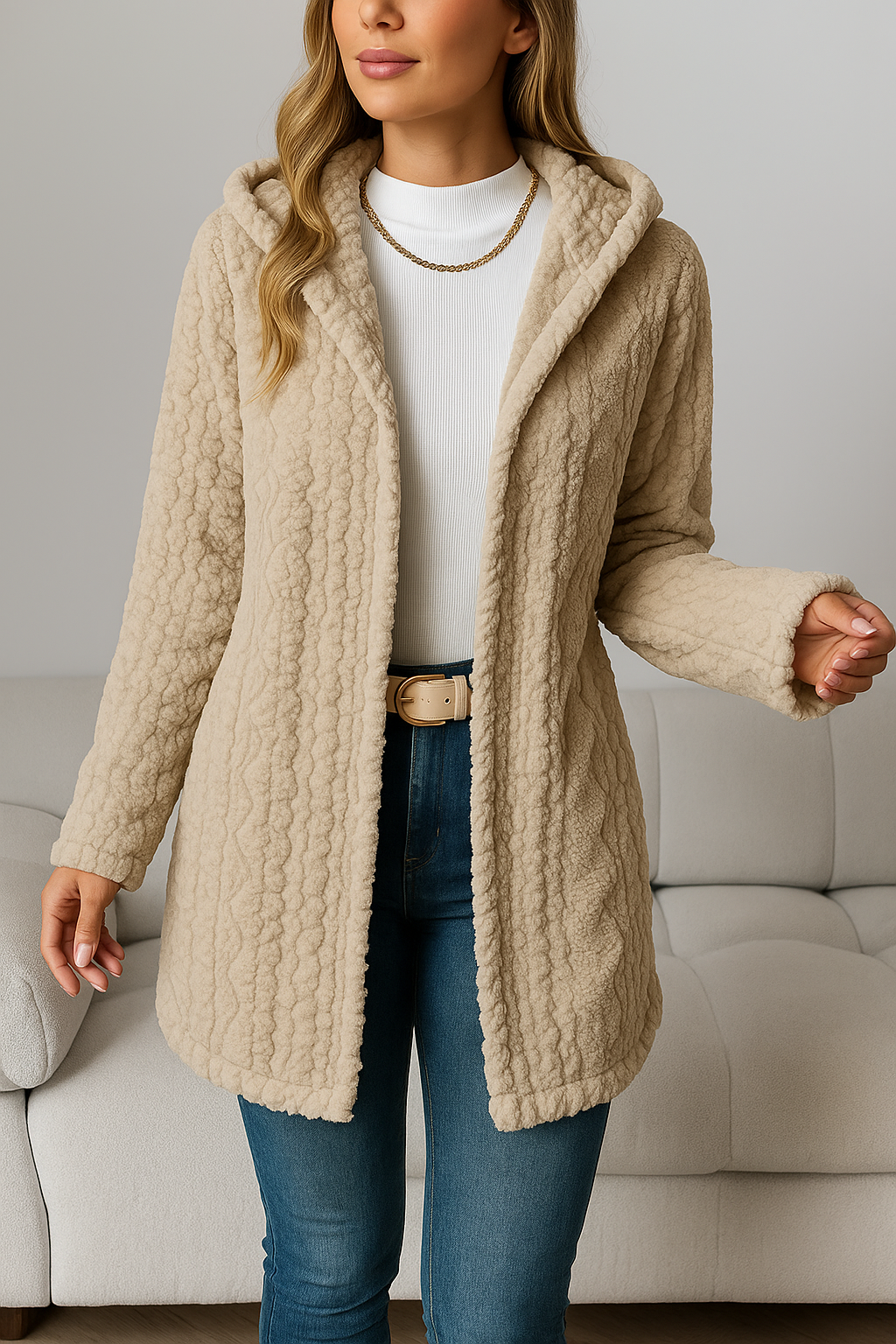 Elegant Diamond-Patterned Hooded Cardigan