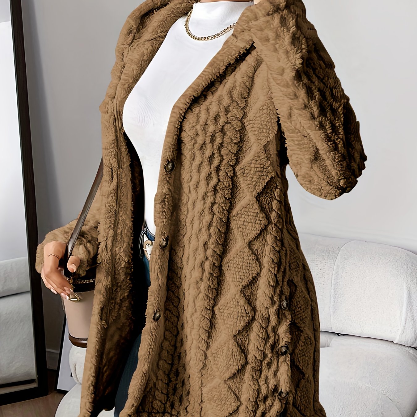 Elegant Diamond-Patterned Hooded Cardigan