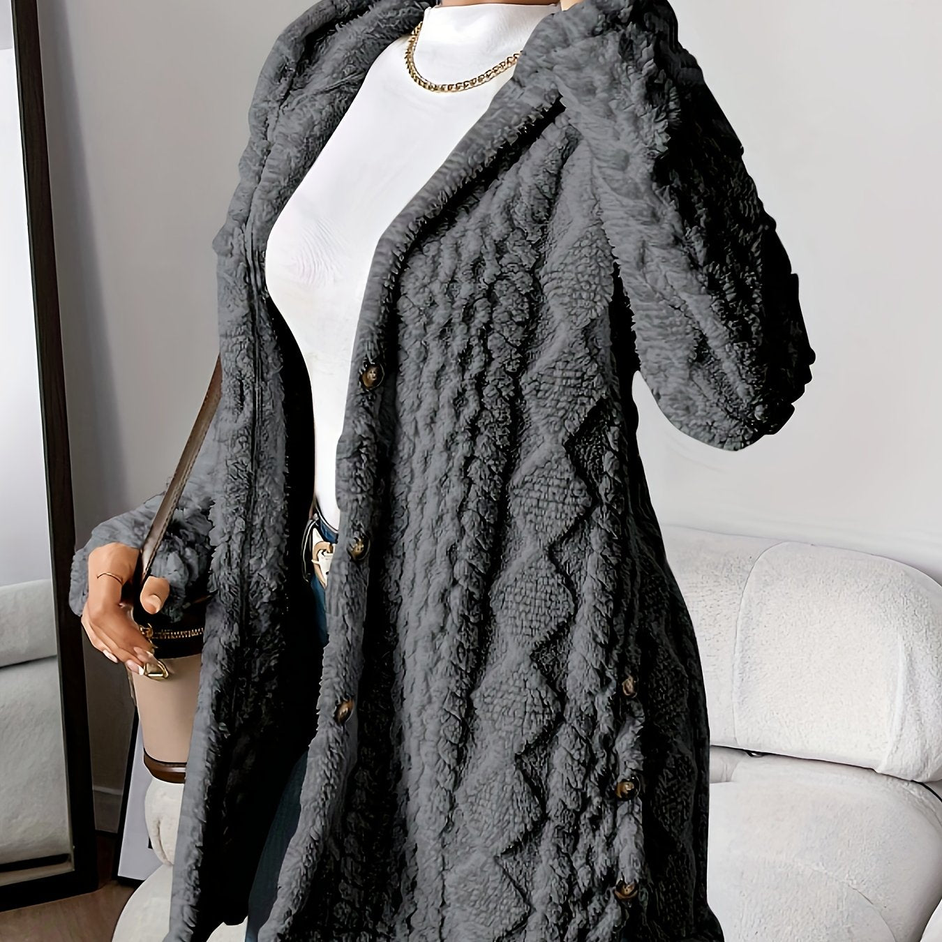 Elegant Diamond-Patterned Hooded Cardigan