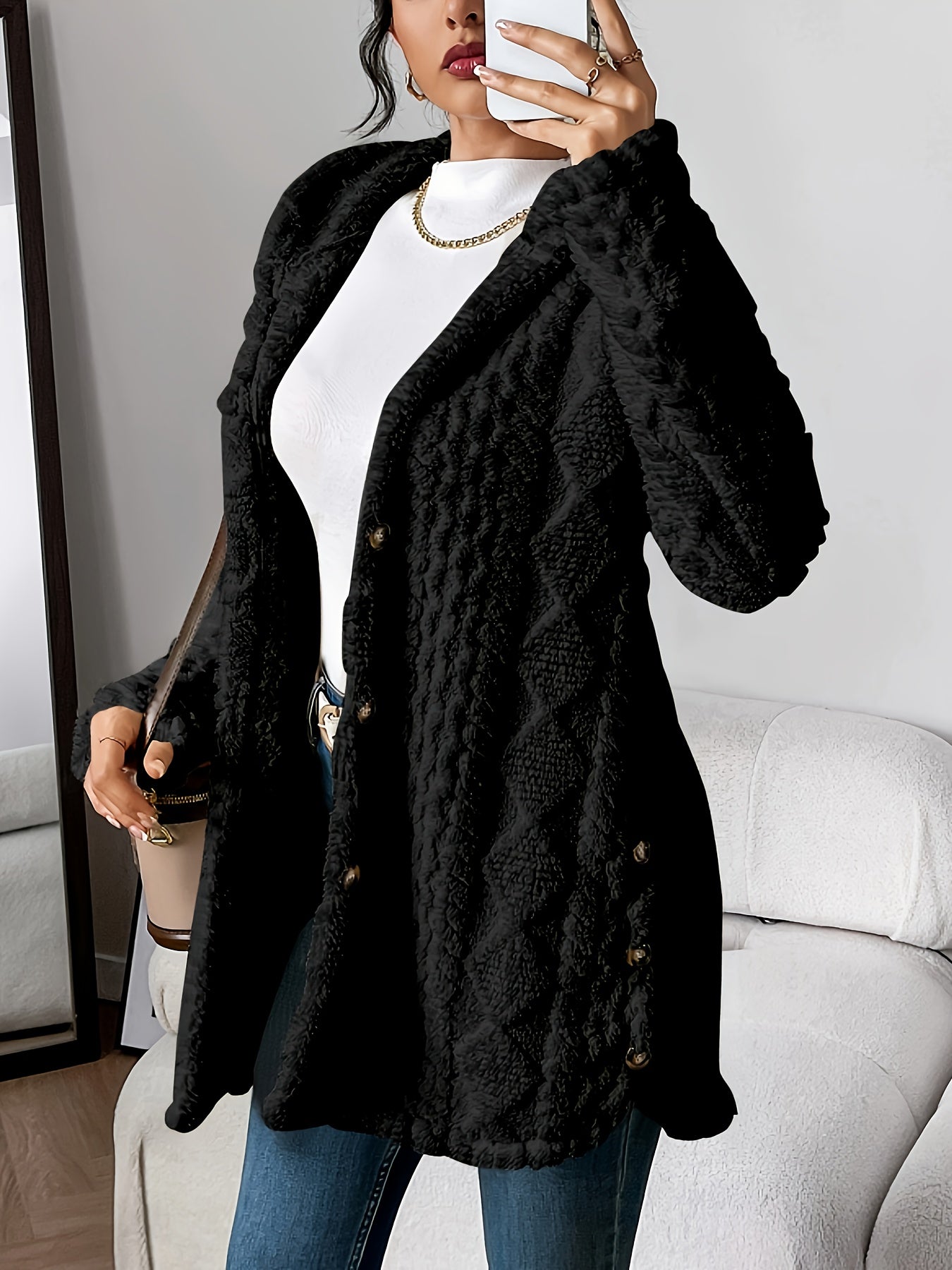 Elegant Diamond-Patterned Hooded Cardigan