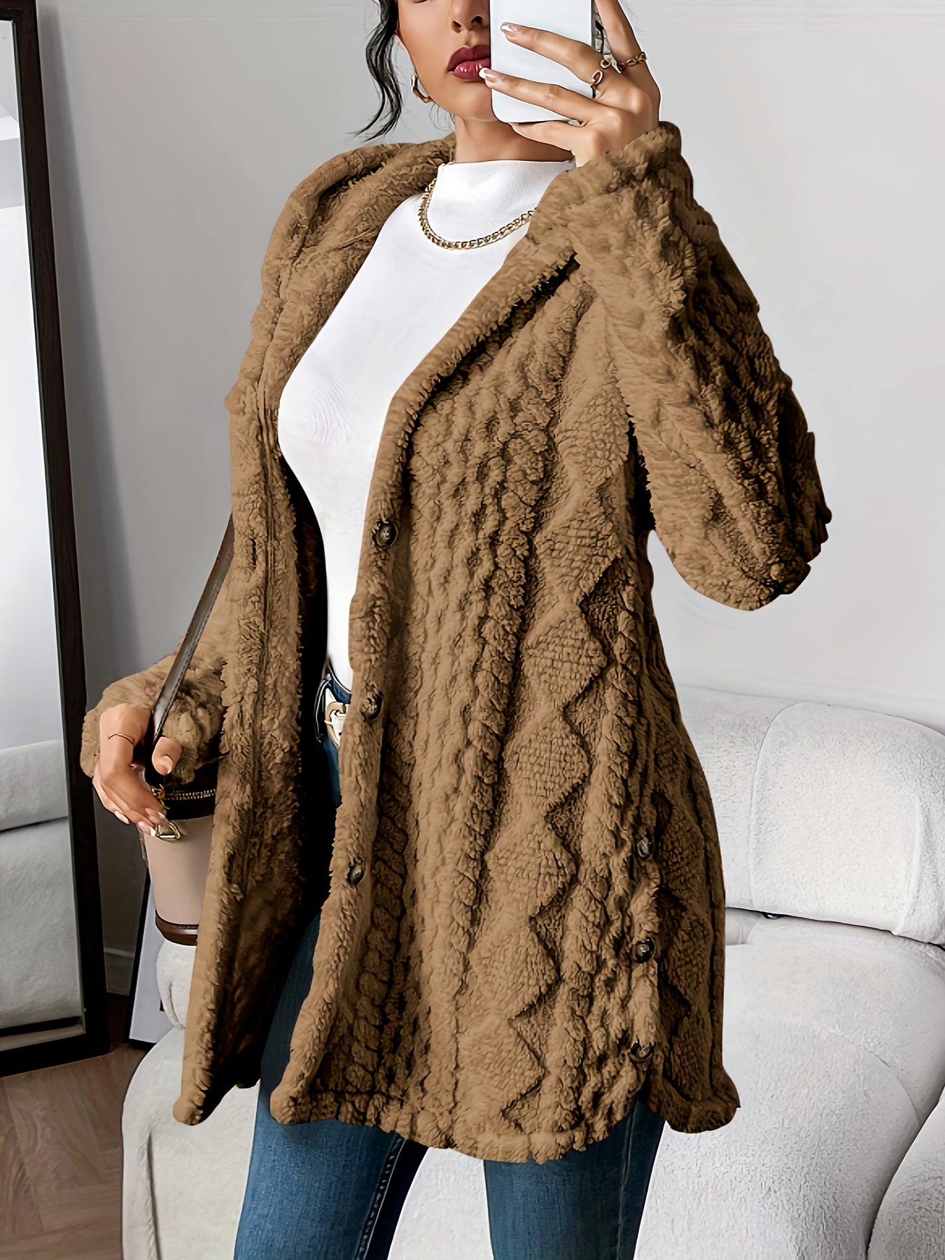 Elegant Diamond-Patterned Hooded Cardigan