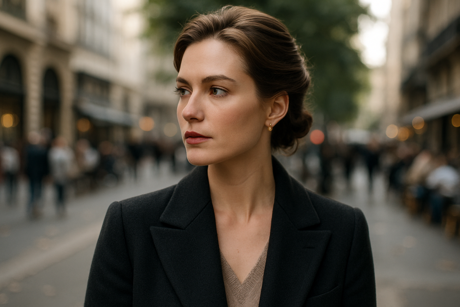 create a profile picture for an elegant woman +/- 28 years, at a public place, picture needs to be spontaneous and model not looking straight to the camera, ultra realistic