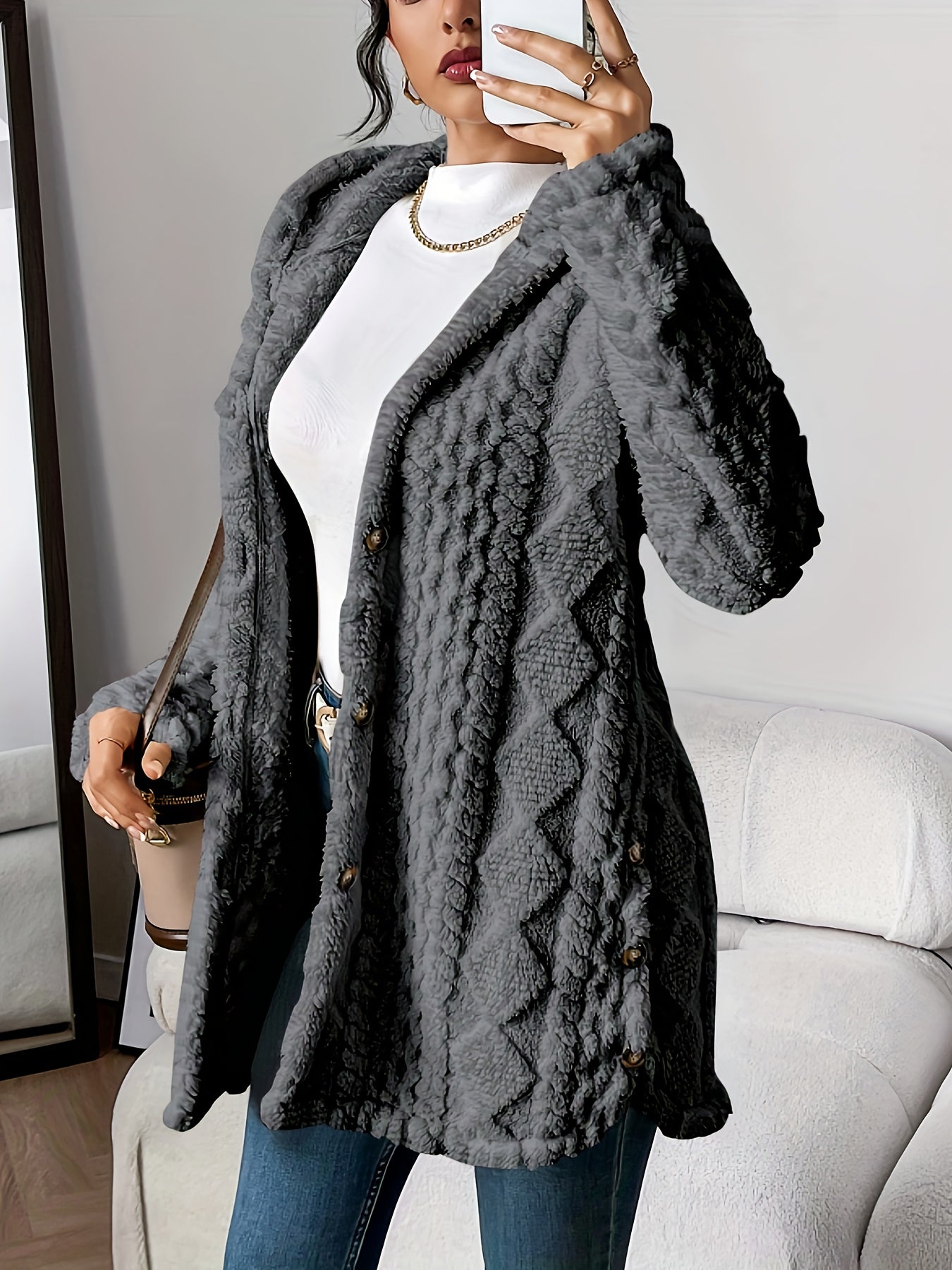 Elegant Diamond-Patterned Hooded Cardigan