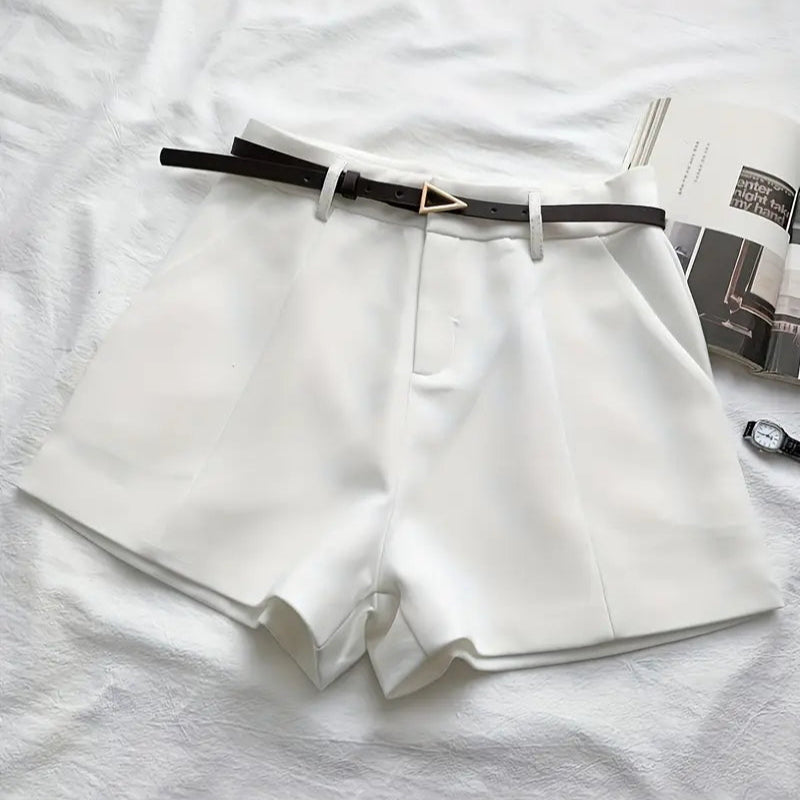 White shorts with a black belt on a white background